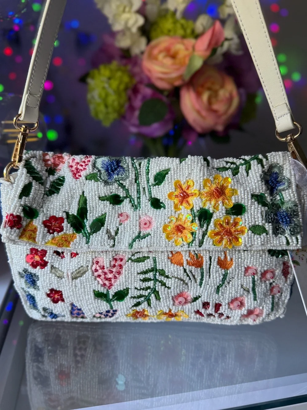 NWT Made In India Wildflower Garden Summer Pink Yellow Green Floral Beaded Bag